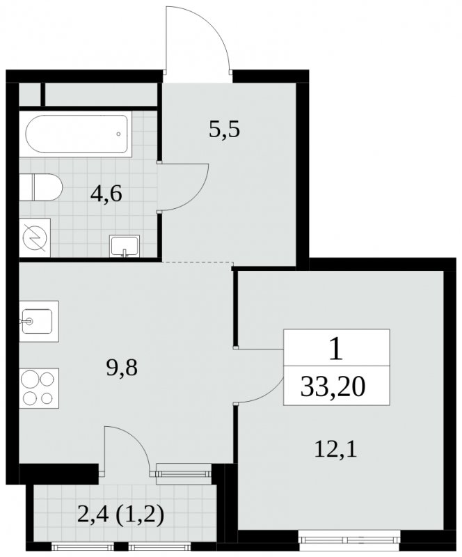 1-комнатная квартира без отделки, 33.2 м2, 5 этаж, сдача 2 квартал 2025 г., ЖК Южные сады, корпус 2.3 - объявление 1758051 - фото №1