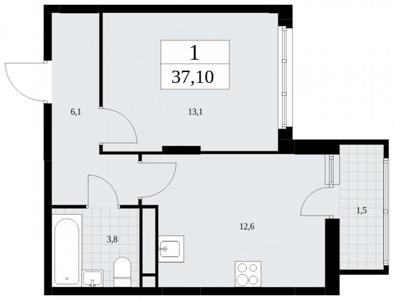 1-комнатная квартира без отделки, 37.1 м2, 13 этаж, сдача 4 квартал 2024 г., ЖК Скандинавия, корпус 36.1.2 - объявление 1801929 - фото №1