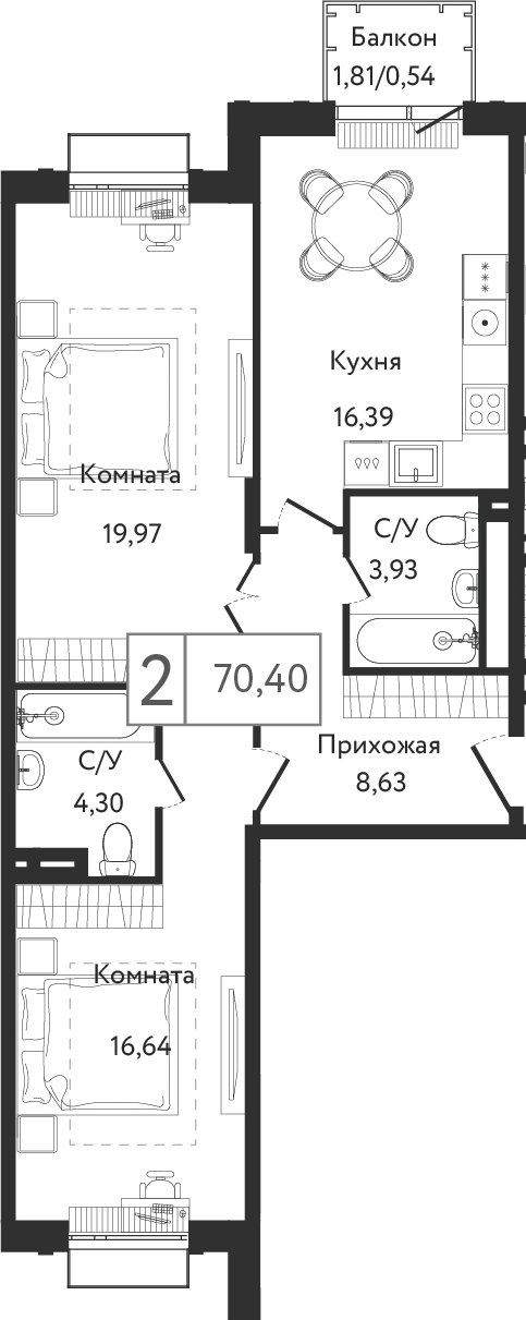 2-комнатная квартира без отделки, 70.4 м2, 3 этаж, сдача 4 квартал 2023 г., ЖК Dream Towers, корпус 3 - объявление 2275888 - фото №1