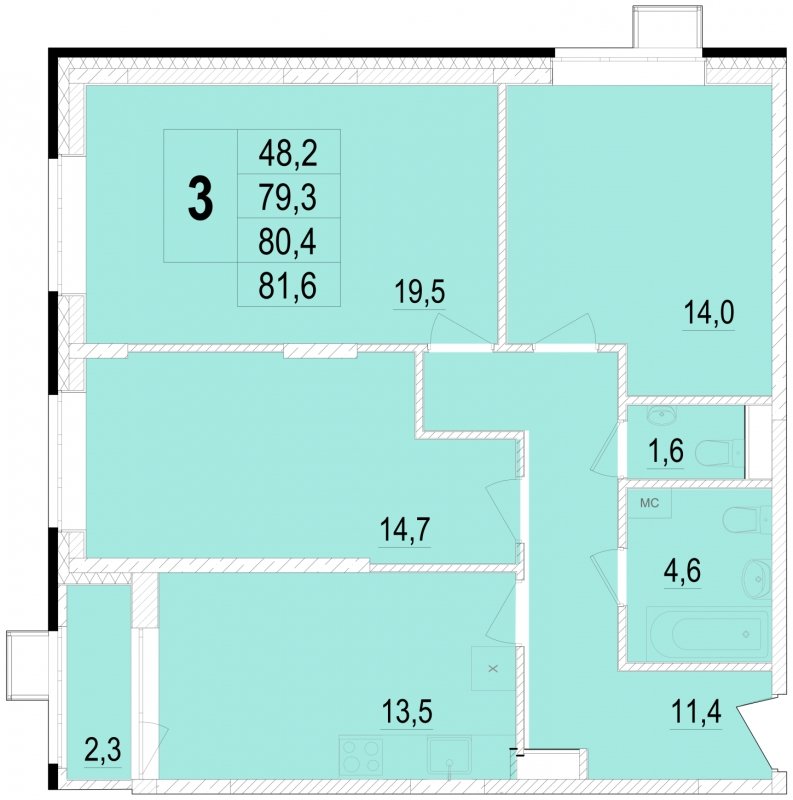 3-комнатная квартира без отделки, 80.4 м2, 2 этаж, сдача 1 квартал 2024 г., ЖК Отрадный, корпус 4 - объявление 1685406 - фото №1