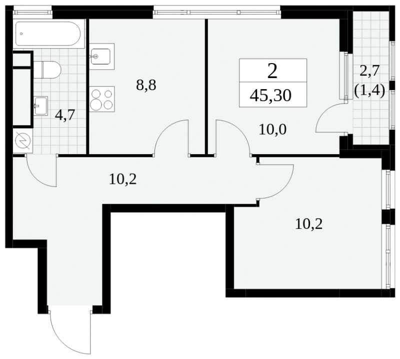 2-комнатная квартира без отделки, 45.3 м2, 25 этаж, сдача 2 квартал 2025 г., ЖК Южные сады, корпус 2.3 - объявление 1758264 - фото №1
