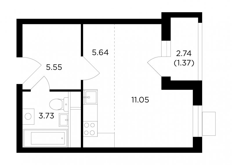 1-комнатная квартира без отделки, 27.34 м2, 5 этаж, дом сдан, ЖК VESNA, корпус 4.1 - объявление 1757849 - фото №1