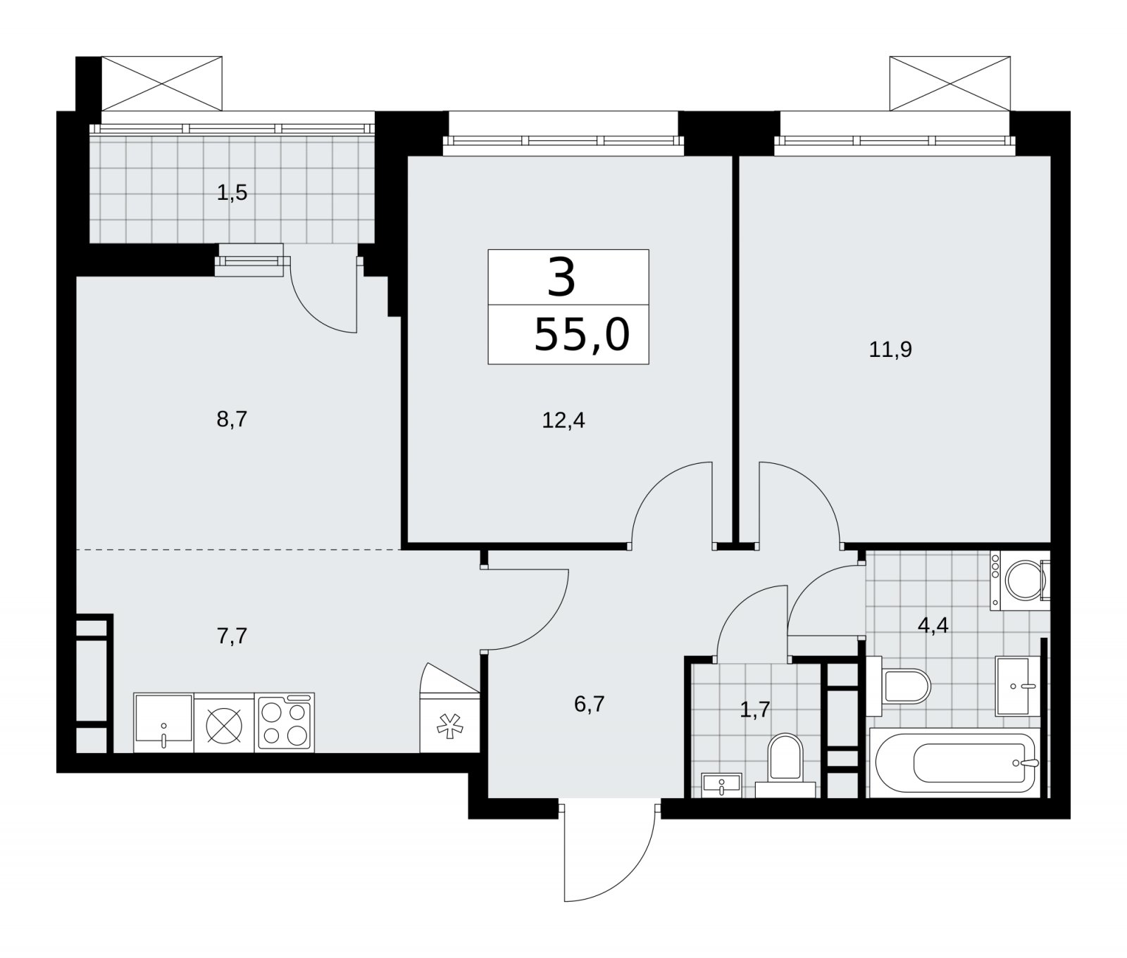 3-комнатная квартира (евро) с частичной отделкой, 55 м2, 11 этаж, сдача 2 квартал 2026 г., ЖК Скандинавия, корпус 25.1 - объявление 2283414 - фото №1