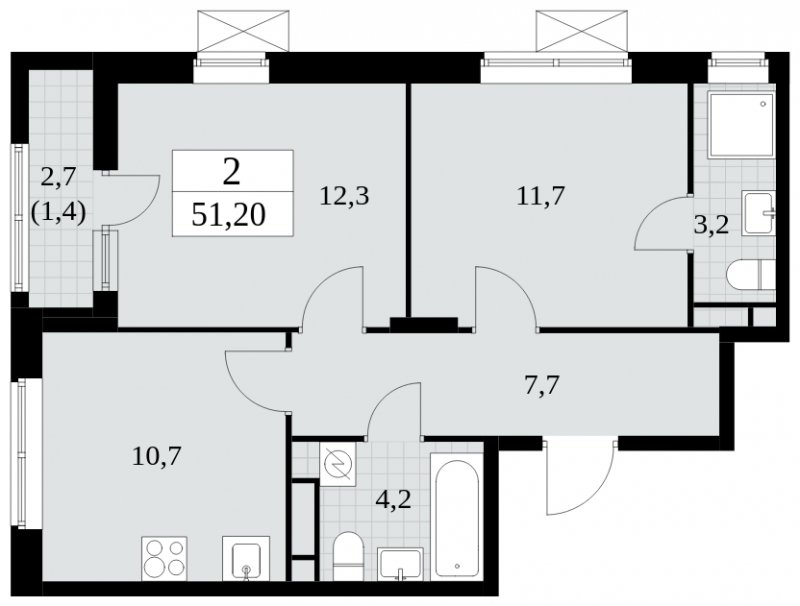 2-комнатная квартира с частичной отделкой, 51.2 м2, 5 этаж, сдача 2 квартал 2025 г., ЖК Прокшино, корпус 5.1.2 - объявление 1860289 - фото №1