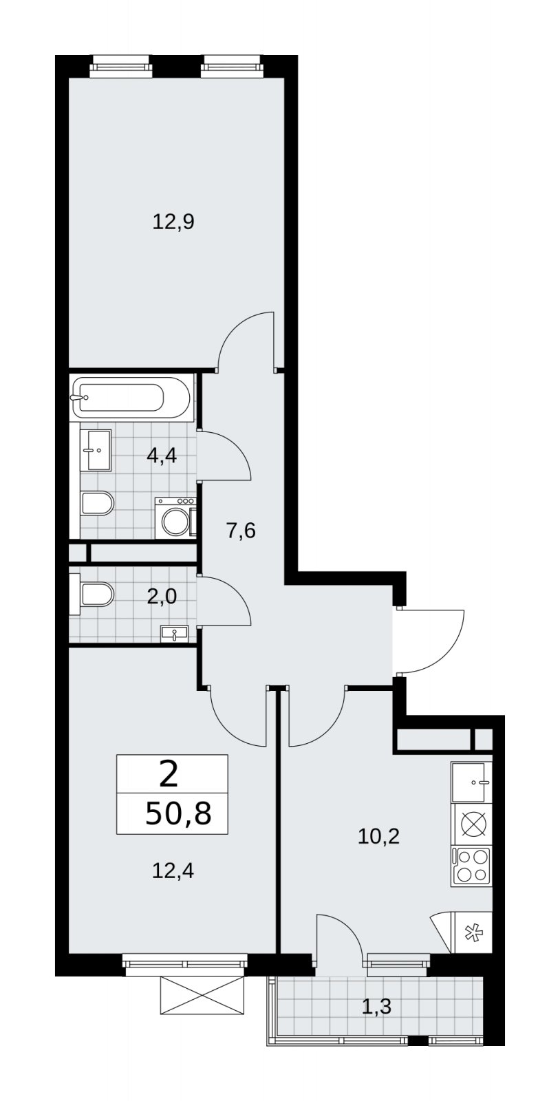 2-комнатная квартира без отделки, 50.8 м2, 13 этаж, сдача 1 квартал 2026 г., ЖК Прокшино, корпус 11.2.1 - объявление 2270037 - фото №1