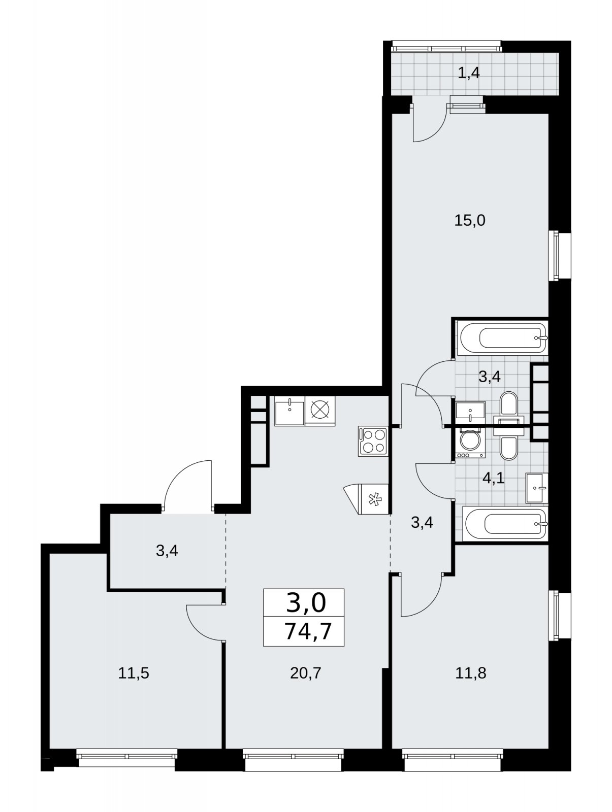 3-комнатная квартира с частичной отделкой, 74.7 м2, 12 этаж, сдача 2 квартал 2026 г., ЖК Дзен-кварталы, корпус 3.4 - объявление 2241924 - фото №1