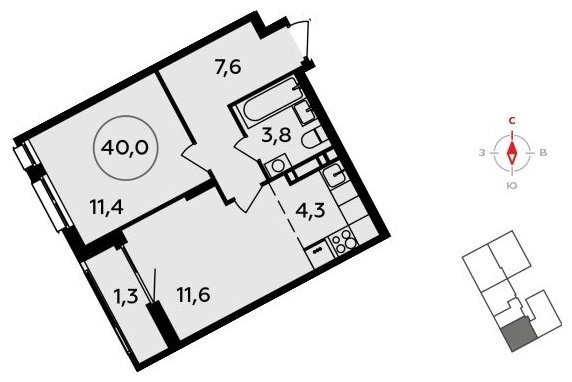 2-комнатная квартира (евро) без отделки, 40 м2, 7 этаж, сдача 3 квартал 2023 г., ЖК Прокшино, корпус 4.4 - объявление 1753075 - фото №1
