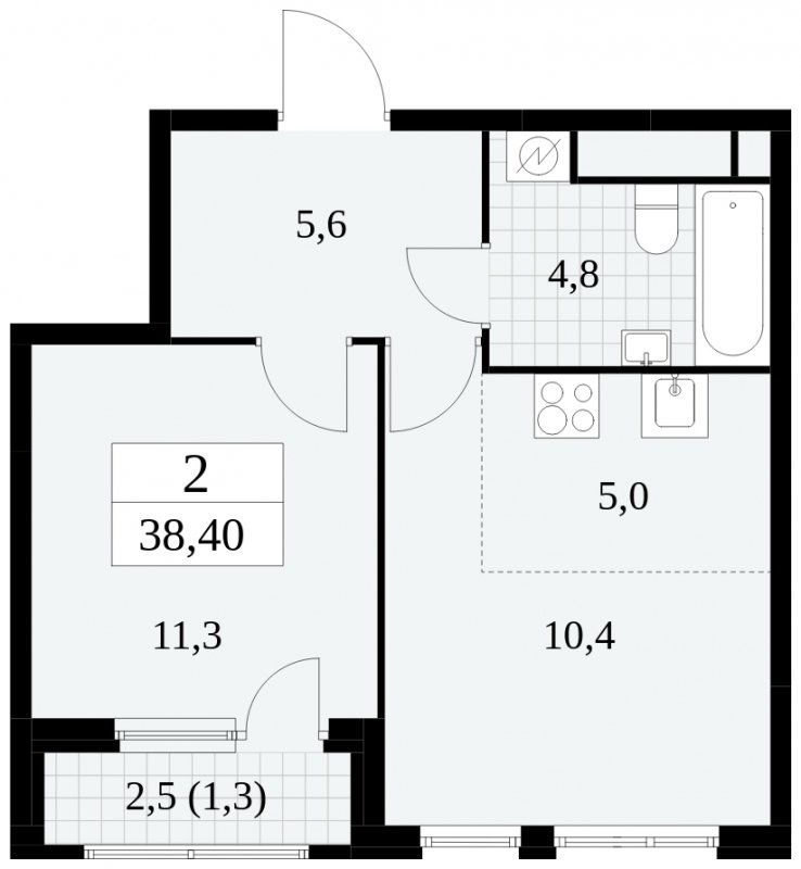 2-комнатная квартира (евро) без отделки, 38.4 м2, 24 этаж, сдача 2 квартал 2025 г., ЖК Южные сады, корпус 2.3 - объявление 1758395 - фото №1