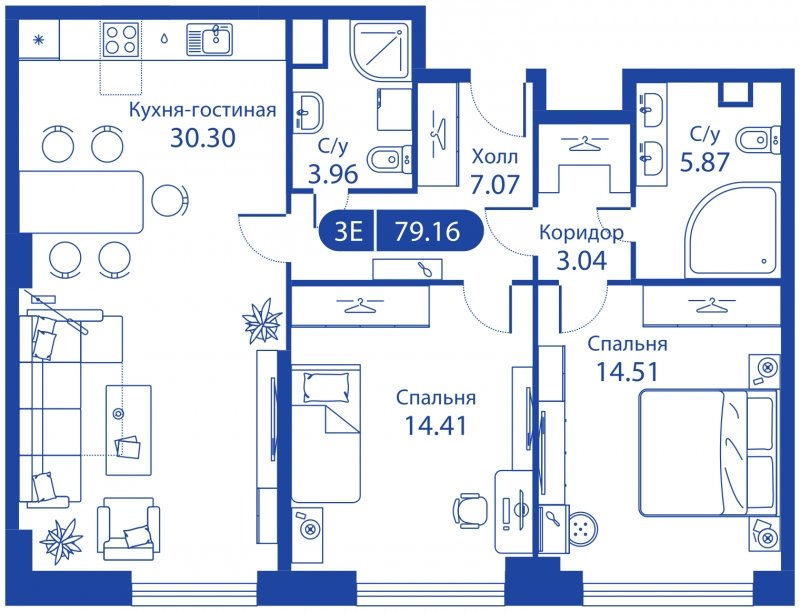 3-комнатная квартира (евро) без отделки, 79.16 м2, 12 этаж, дом сдан, ЖК iLove, корпус 1 - объявление 1646242 - фото №1