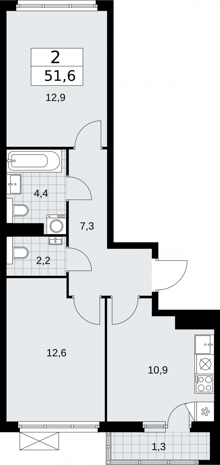 2-комнатная квартира с полной отделкой, 51.6 м2, 10 этаж, сдача 2 квартал 2026 г., ЖК Бунинские кварталы, корпус 7.1 - объявление 2319374 - фото №1