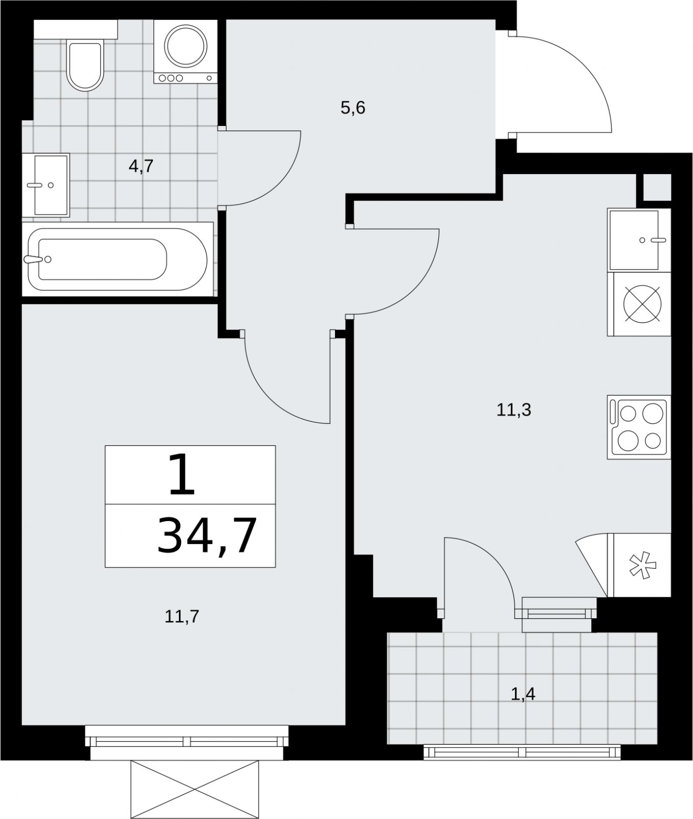 1-комнатная квартира с полной отделкой, 34.7 м2, 2 этаж, сдача 2 квартал 2026 г., ЖК Бунинские кварталы, корпус 7.2 - объявление 2319610 - фото №1