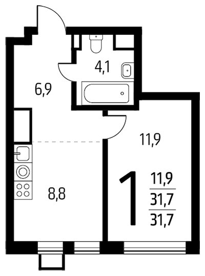 1-комнатная квартира с полной отделкой, 31.7 м2, 5 этаж, сдача 1 квартал 2024 г., ЖК Новые Ватутинки. Центральный, корпус 9/3 - объявление 1755670 - фото №1