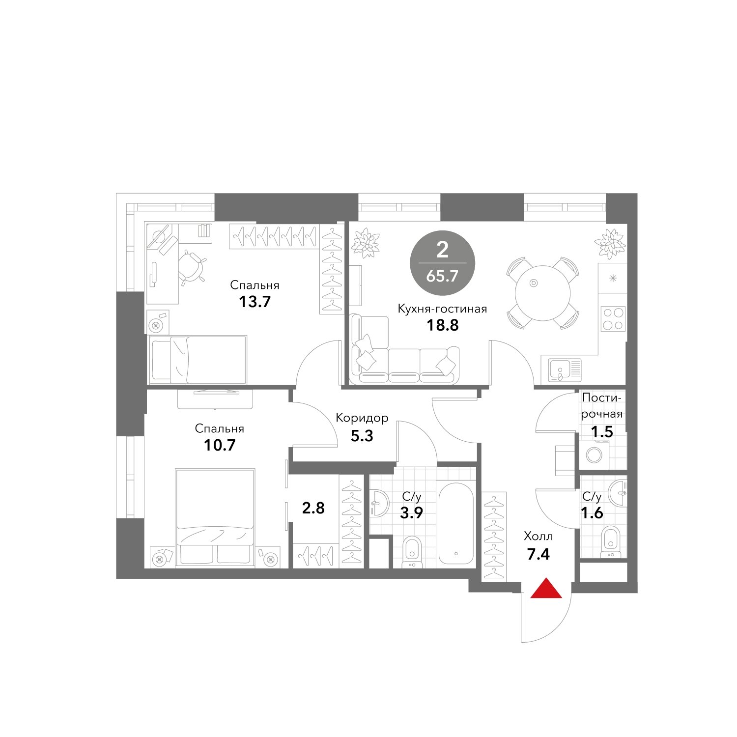 2-комнатные апартаменты без отделки, 65.7 м2, 5 этаж, сдача 3 квартал 2025 г., ЖК VOXHALL, корпус 4 - объявление 1981755 - фото №1