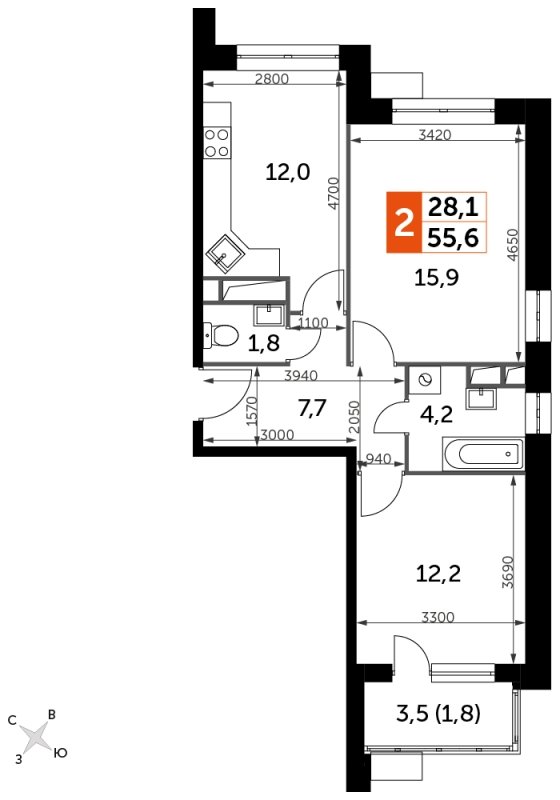 2-комнатная квартира без отделки, 55.6 м2, 8 этаж, сдача 4 квартал 2023 г., ЖК Датский квартал, корпус 2 - объявление 1664197 - фото №1