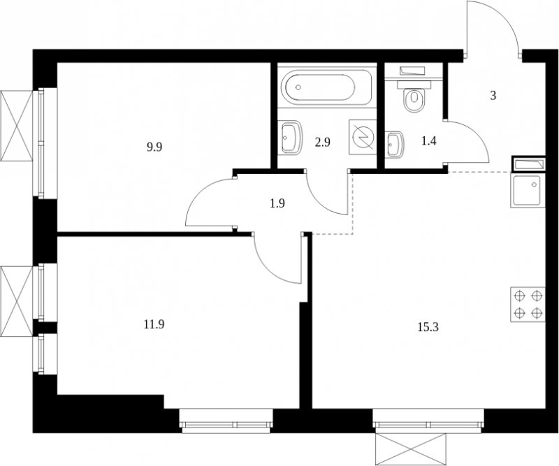 2-комнатная квартира с полной отделкой, 46.3 м2, 32 этаж, сдача 2 квартал 2023 г., ЖК Второй Нагатинский, корпус 3 - объявление 1973183 - фото №1
