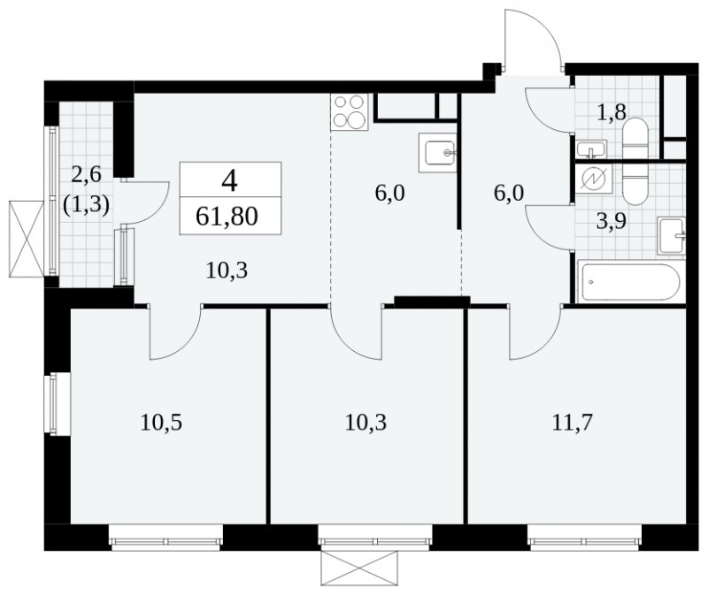 4-комнатная квартира (евро) с частичной отделкой, 61.8 м2, 9 этаж, сдача 2 квартал 2025 г., ЖК Прокшино, корпус 5.1.2 - объявление 1860083 - фото №1