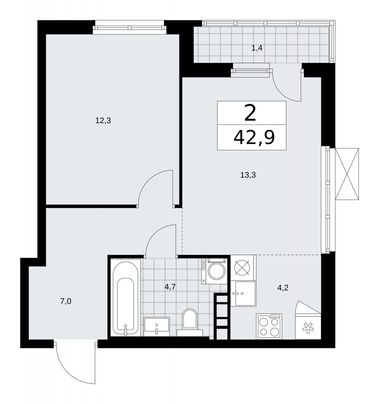 2-комнатная квартира (евро) без отделки, 42.9 м2, 4 этаж, сдача 4 квартал 2025 г., ЖК Прокшино, корпус 11.1.4 - объявление 2257796 - фото №1