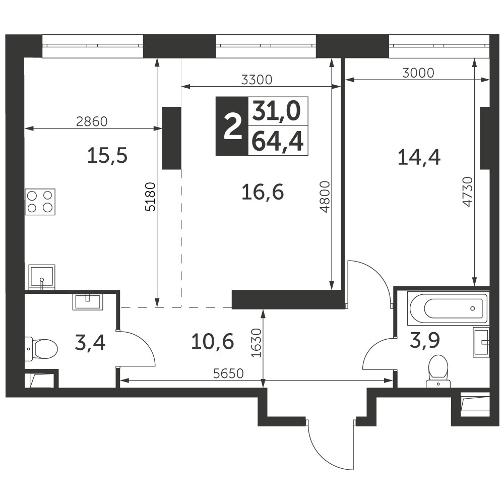2-комнатная квартира с частичной отделкой, 64.3 м2, 35 этаж, дом сдан, ЖК Архитектор, корпус 3 - объявление 2384402 - фото №1