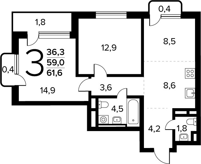 3-комнатная квартира (евро) без отделки, 61.6 м2, 4 этаж, сдача 4 квартал 2027 г., ЖК Новые Ватутинки. Заречный, корпус 6/9 - объявление 2458631 - фото №1