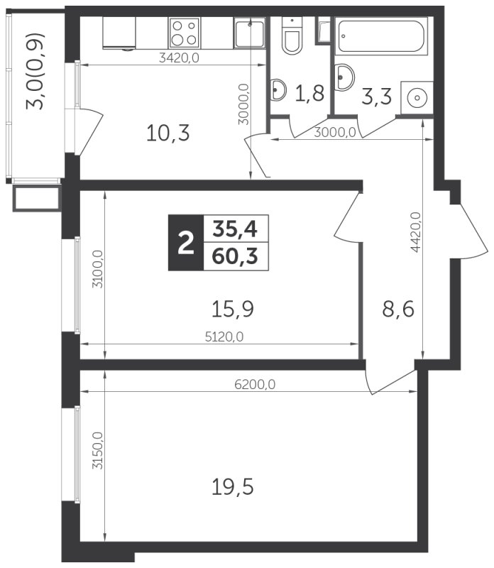 2-комнатная квартира с частичной отделкой, 60.2 м2, 8 этаж, дом сдан, ЖК Датский квартал, корпус 1 - объявление 1746755 - фото №1