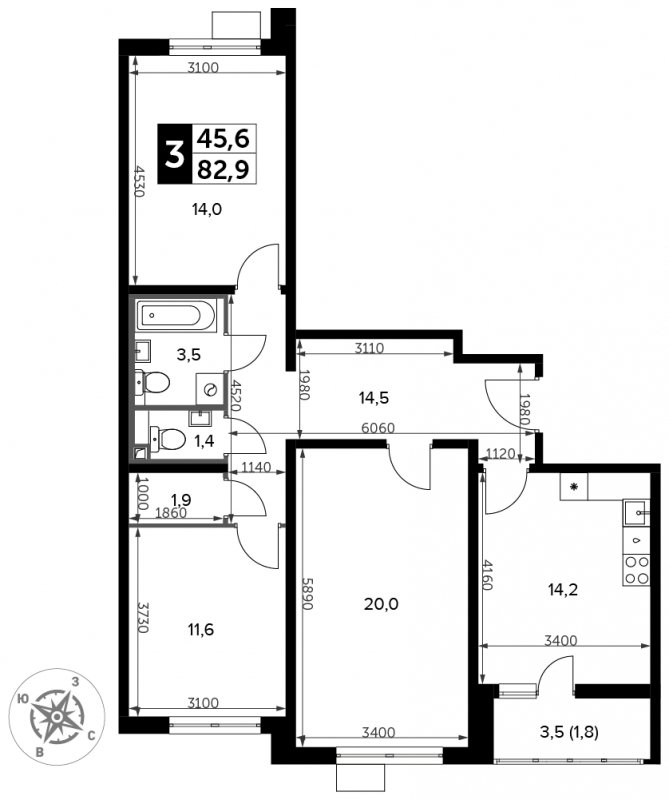 3-комнатная квартира с частичной отделкой, 82.9 м2, 2 этаж, сдача 3 квартал 2023 г., ЖК Южная Битца, корпус 11 - объявление 1657391 - фото №1