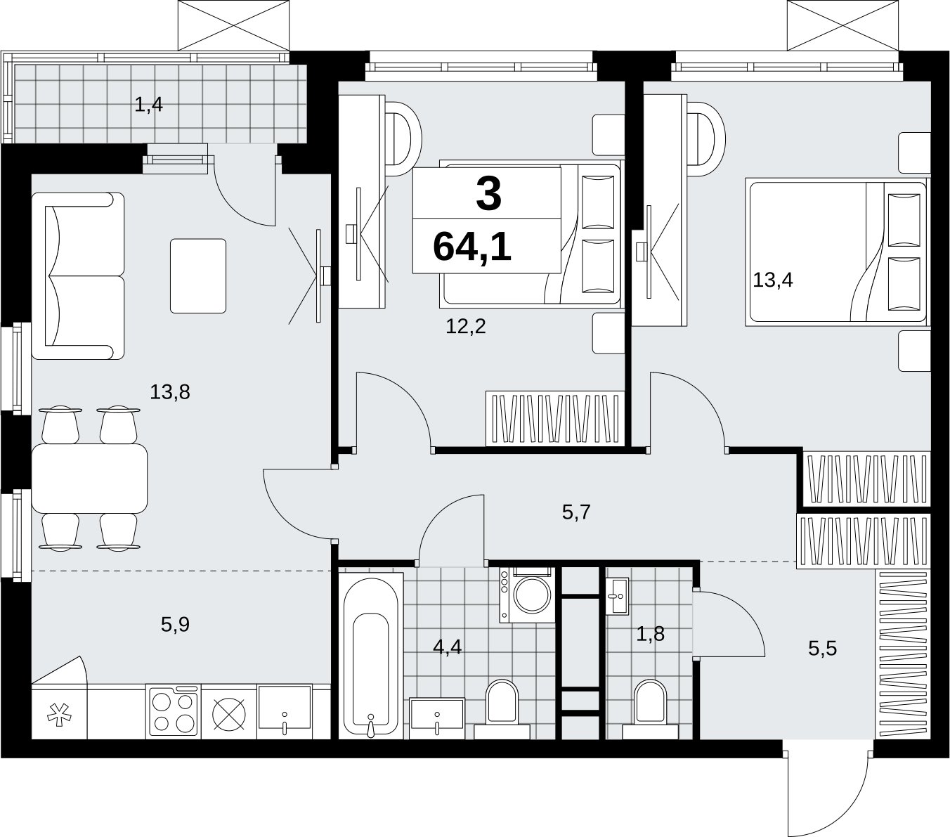 3-комнатная квартира (евро) с полной отделкой, 64.1 м2, 11 этаж, сдача 1 квартал 2027 г., ЖК Скандинавия, корпус 2.18.2.1 - объявление 2351087 - фото №1