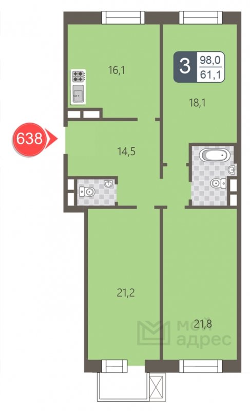 3-комнатная квартира с полной отделкой, 98 м2, 5 этаж, дом сдан, ЖК мой адрес На Береговом, корпус Южный квартал - объявление 1866995 - фото №1
