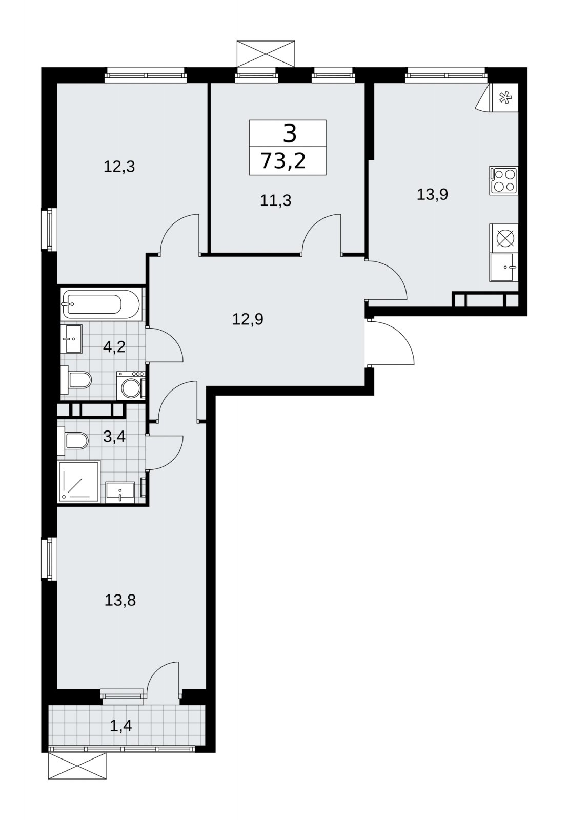 3-комнатная квартира без отделки, 73.2 м2, 11 этаж, сдача 4 квартал 2025 г., ЖК Прокшино, корпус 11.1.4 - объявление 2257501 - фото №1