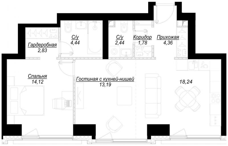 1-комнатная квартира с частичной отделкой, 61.4 м2, 5 этаж, дом сдан, ЖК Hide, корпус RiverSide - объявление 1707069 - фото №1