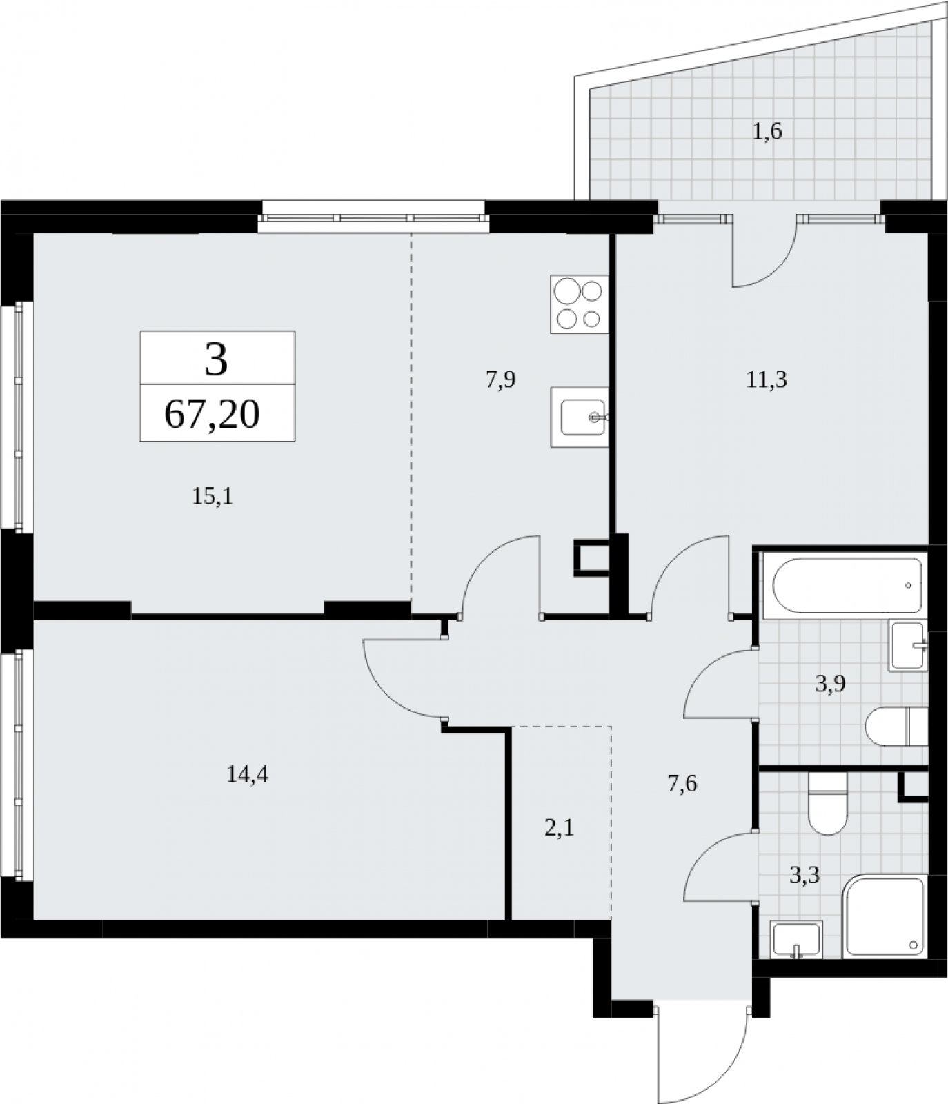 3-комнатная квартира (евро) с частичной отделкой, 67.2 м2, 2 этаж, сдача 4 квартал 2024 г., ЖК Скандинавия, корпус 36.2.1 - объявление 2052251 - фото №1