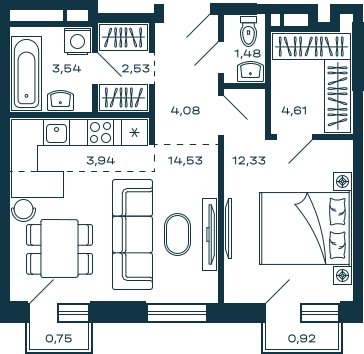 1-комнатная квартира без отделки, 47.54 м2, 3 этаж, сдача 2 квартал 2025 г., ЖК М_5, корпус 1 - объявление 2001687 - фото №1