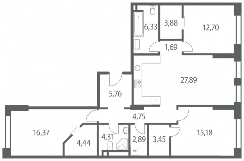3-комнатная квартира без отделки, 109.64 м2, 2 этаж, сдача 4 квартал 2022 г., ЖК Headliner, корпус 10 - объявление 1299588 - фото №1
