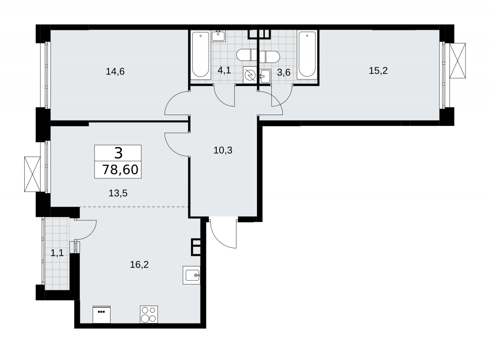 3-комнатная квартира с частичной отделкой, 78.6 м2, 3 этаж, сдача 4 квартал 2025 г., ЖК Скандинавия, корпус 28.4 - объявление 2202731 - фото №1