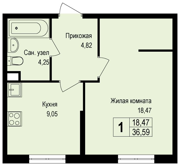 1-комнатная квартира без отделки, 36.59 м2, 1 этаж, сдача 3 квартал 2022 г., ЖК Новая Щербинка, корпус 12 - объявление 1520523 - фото №1