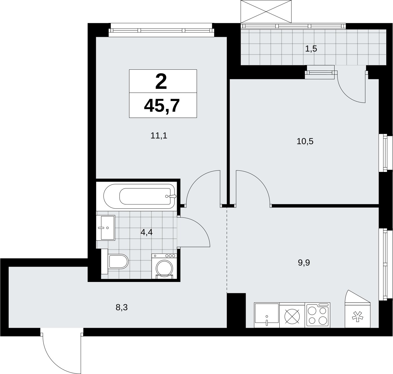 2-комнатная квартира с полной отделкой, 45.7 м2, 7 этаж, сдача 3 квартал 2026 г., ЖК Дзен-кварталы, корпус 6.1.3 - объявление 2328124 - фото №1