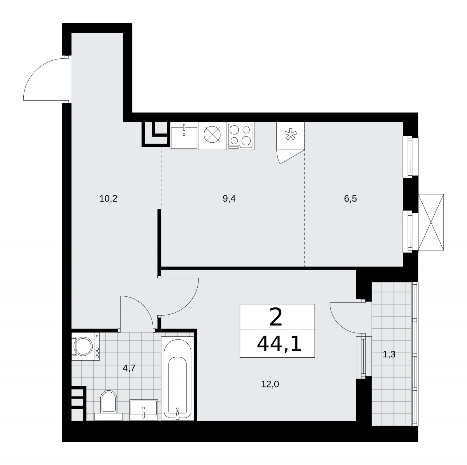 2-комнатная квартира (евро) без отделки, 44.1 м2, 4 этаж, сдача 4 квартал 2025 г., ЖК Прокшино, корпус 11.1.4 - объявление 2257578 - фото №1