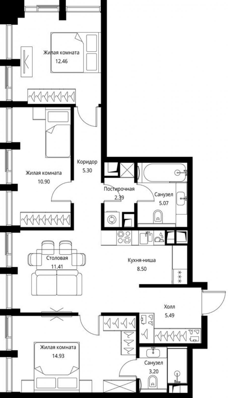 3-комнатная квартира с частичной отделкой, 79.65 м2, 15 этаж, сдача 3 квартал 2026 г., ЖК City Bay, корпус North Ocean 10 - объявление 2240641 - фото №1