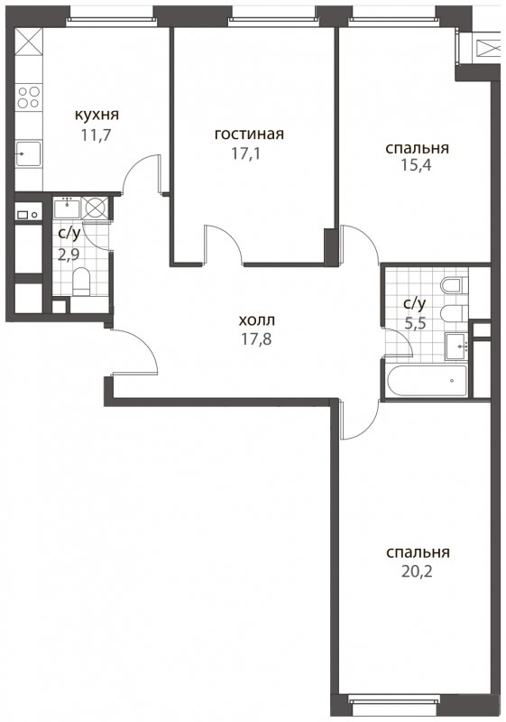 3-комнатная квартира без отделки, 90.6 м2, 2 этаж, дом сдан, ЖК HomeCity, корпус 2 - объявление 1704869 - фото №1