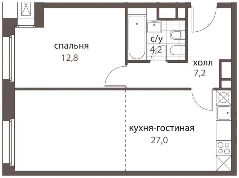 2-комнатная квартира (евро) без отделки, 51.2 м2, 6 этаж, дом сдан, ЖК HomeCity, корпус 1 - объявление 1762642 - фото №1