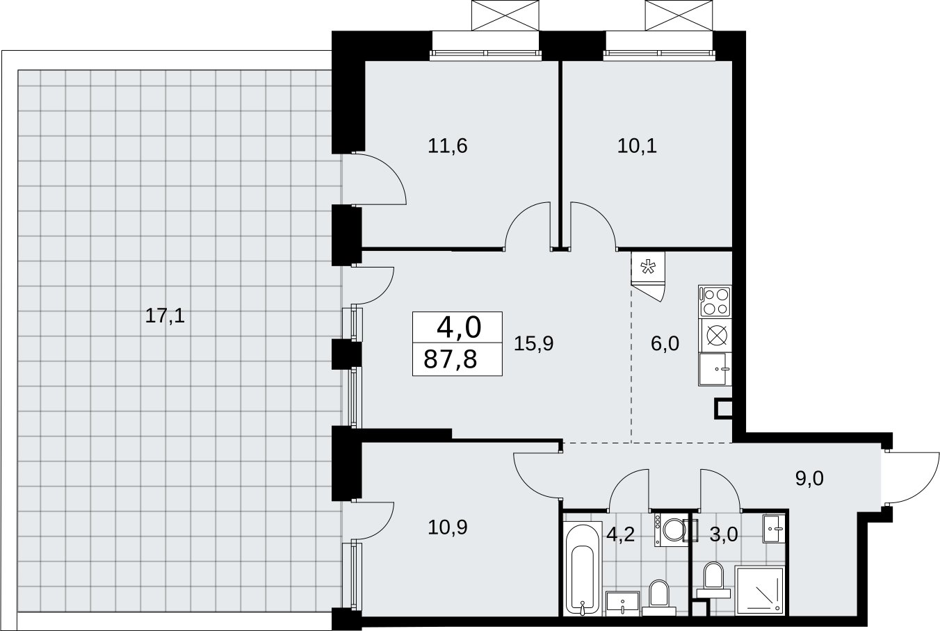 4-комнатная квартира без отделки, 87.8 м2, 2 этаж, сдача 4 квартал 2025 г., ЖК Бунинские кварталы, корпус 6.5 - объявление 2334159 - фото №1