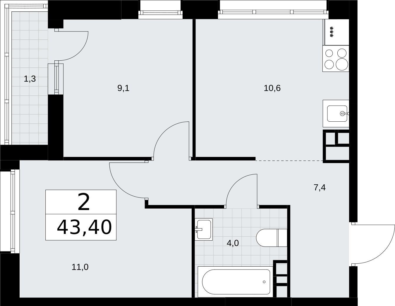 2-комнатная квартира без отделки, 43.4 м2, 7 этаж, сдача 3 квартал 2026 г., ЖК Родные кварталы, корпус 3.5 - объявление 2378729 - фото №1
