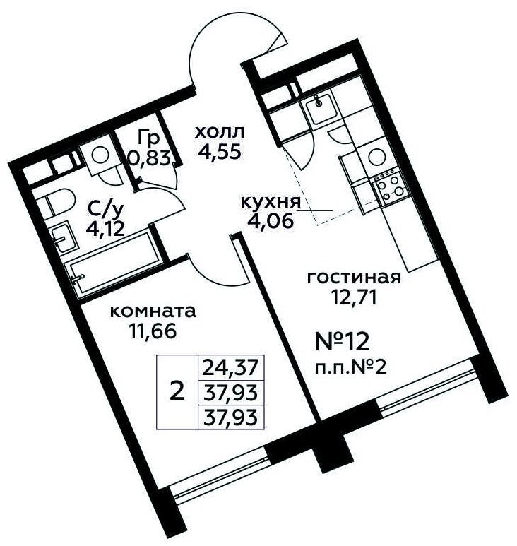 2-комнатная квартира с полной отделкой, 37.93 м2, 3 этаж, сдача 3 квартал 2024 г., ЖК МелисСад, корпус 1 - объявление 1821627 - фото №1