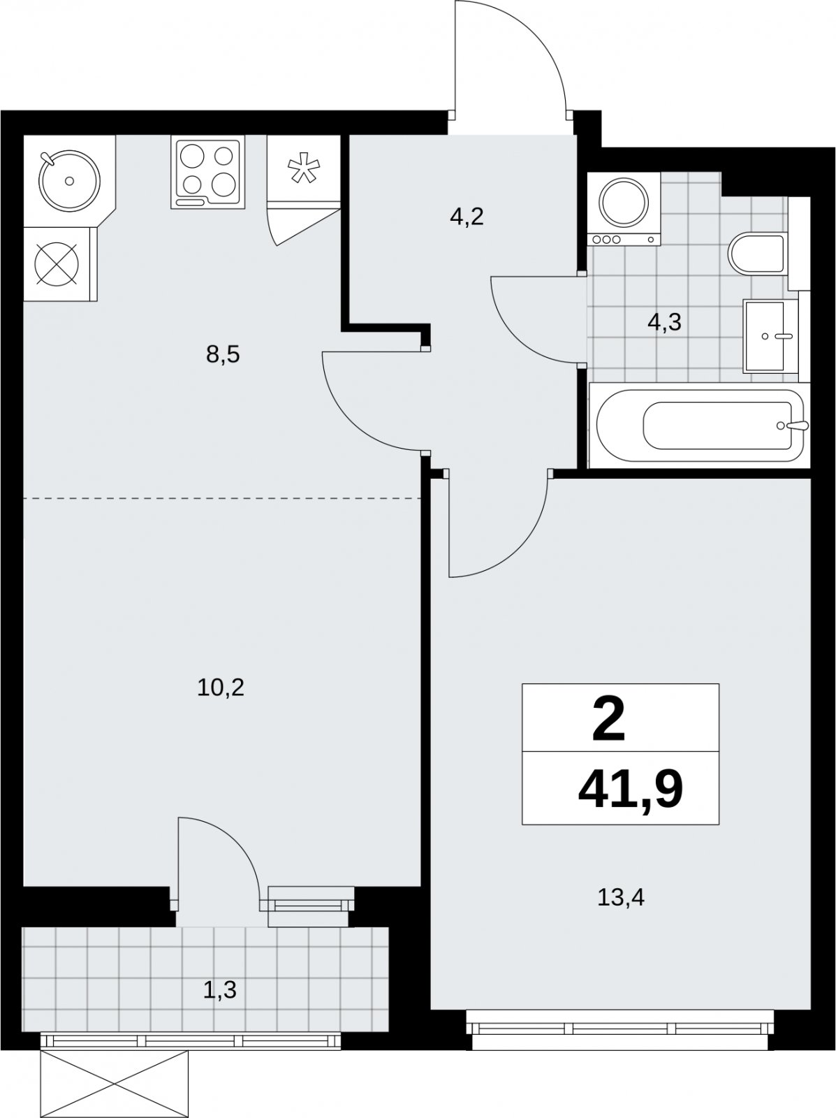 2-комнатная квартира (евро) без отделки, 41.9 м2, 7 этаж, сдача 2 квартал 2026 г., ЖК Бунинские кварталы, корпус 9.1 - объявление 2324114 - фото №1