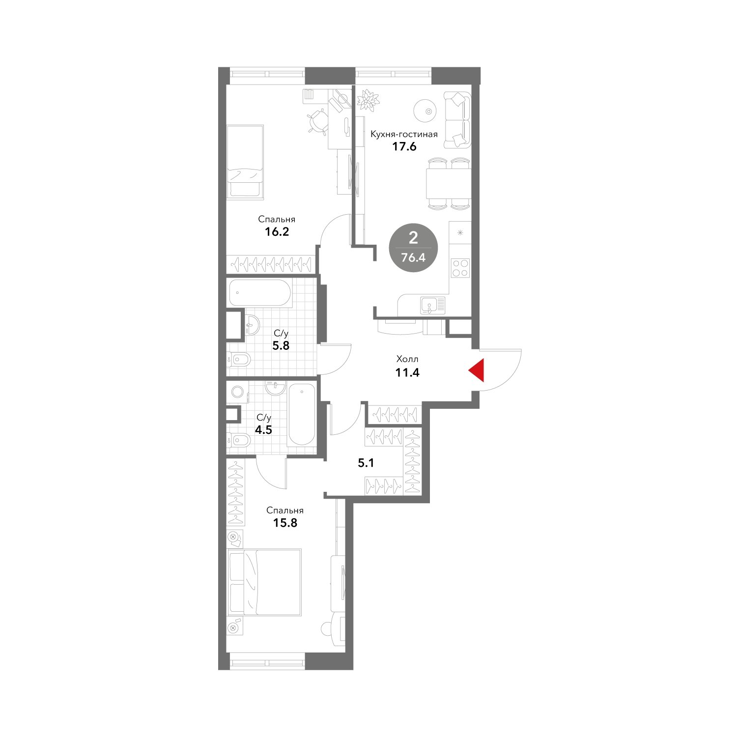 2-комнатная квартира без отделки, 76.4 м2, 11 этаж, сдача 3 квартал 2025 г., ЖК VOXHALL, корпус 2 - объявление 1981863 - фото №1