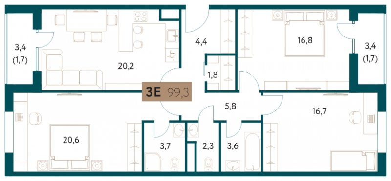3-комнатная квартира 99.3 м2, 8 этаж, сдача 4 квартал 2022 г., ЖК Настоящее, корпус 1 - объявление 1711387 - фото №1