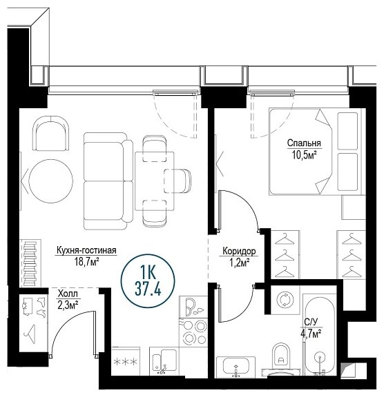 1-комнатная квартира с частичной отделкой, 37.4 м2, 3 этаж, сдача 3 квартал 2024 г., ЖК Метрополия, корпус Copenhagen - объявление 1786549 - фото №1