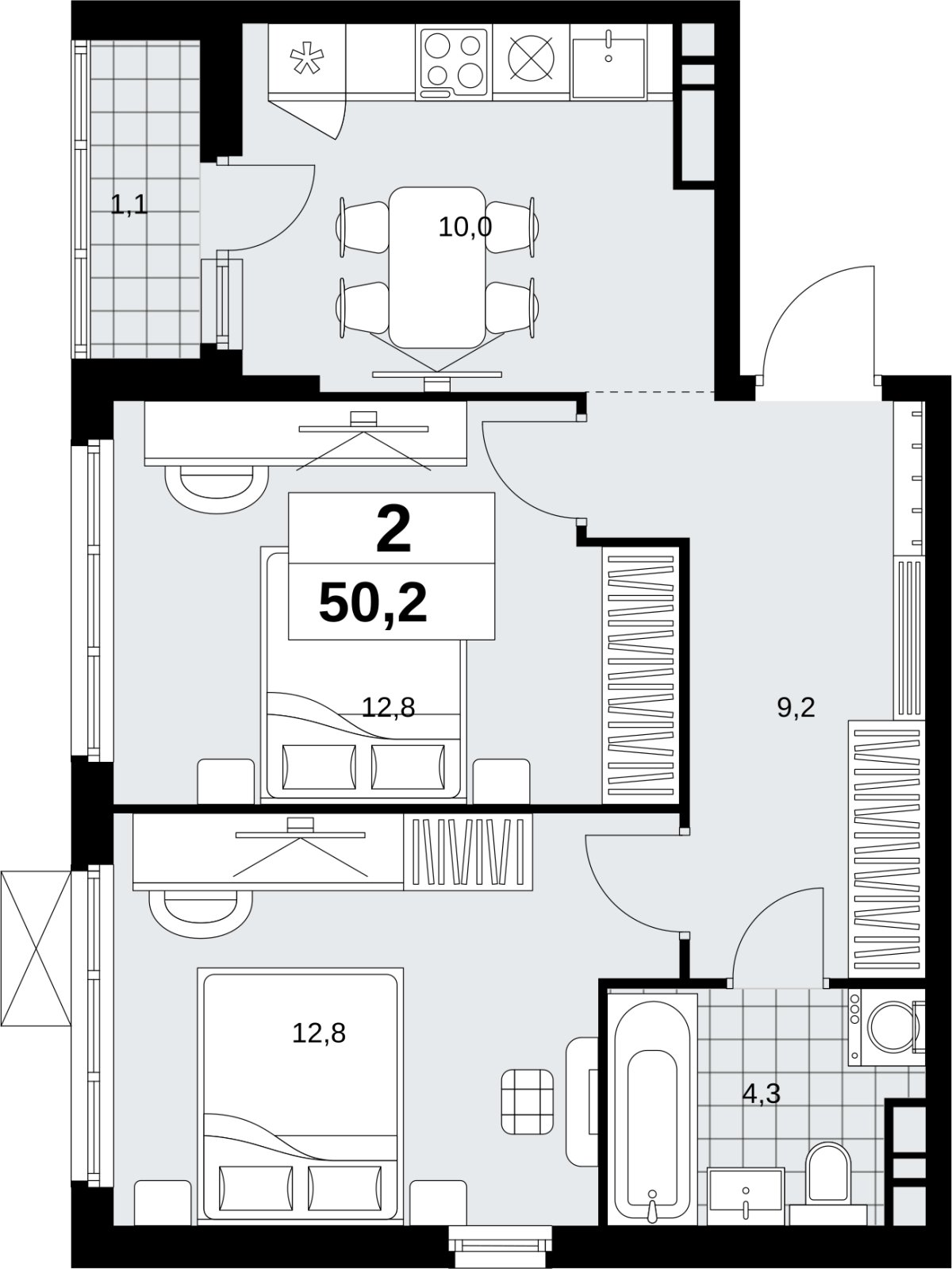 2-комнатная квартира с полной отделкой, 50.2 м2, 9 этаж, сдача 1 квартал 2027 г., ЖК Скандинавия, корпус 2.18.2.2 - объявление 2351292 - фото №1