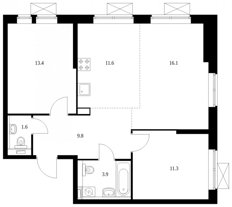 3-комнатная квартира с полной отделкой, 67.7 м2, 5 этаж, сдача 2 квартал 2023 г., ЖК Второй Нагатинский, корпус 1 - объявление 1569703 - фото №1
