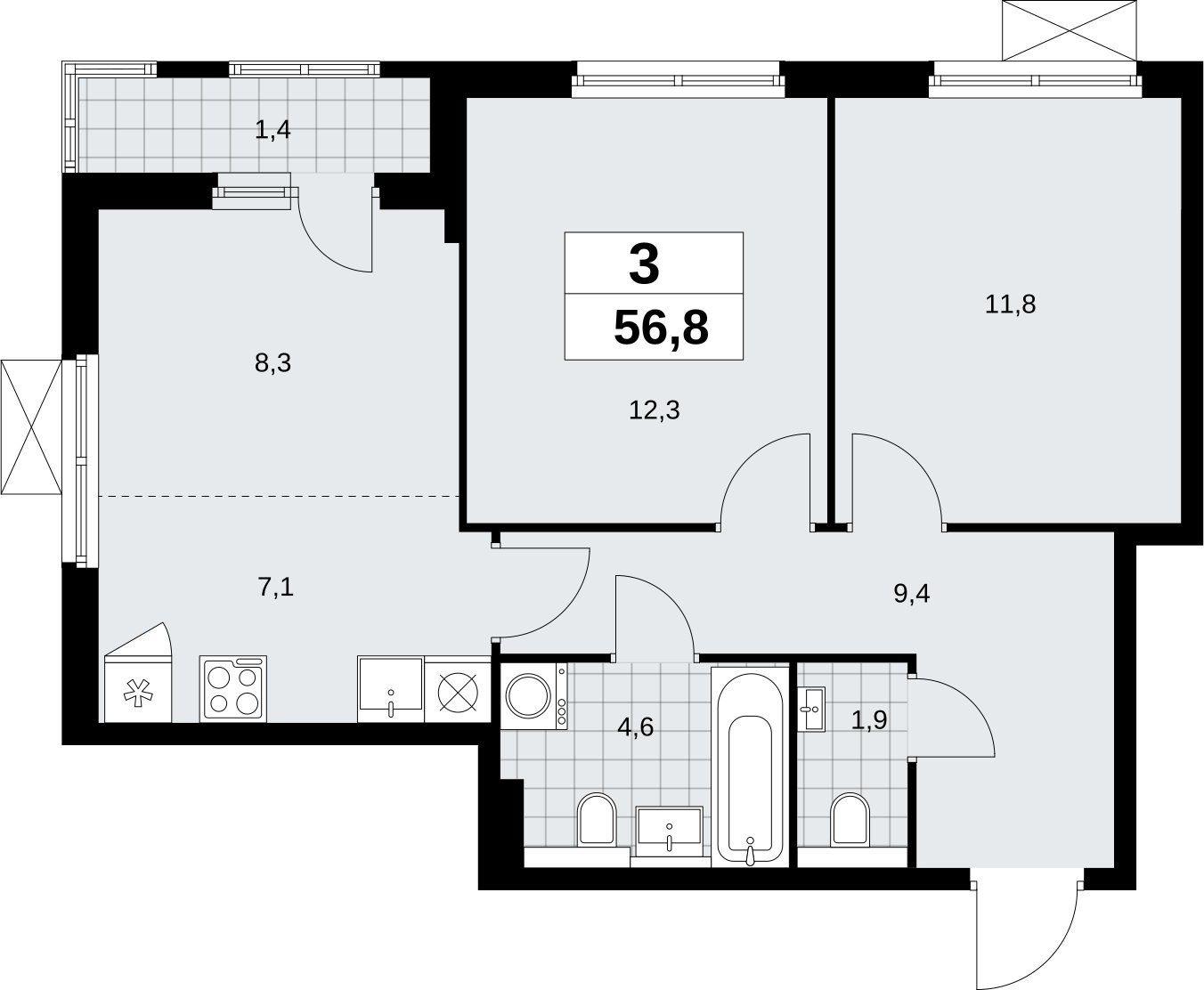 3-комнатная квартира (евро) без отделки, 56.8 м2, 3 этаж, сдача 2 квартал 2026 г., ЖК Бунинские кварталы, корпус 9.1 - объявление 2323475 - фото №1