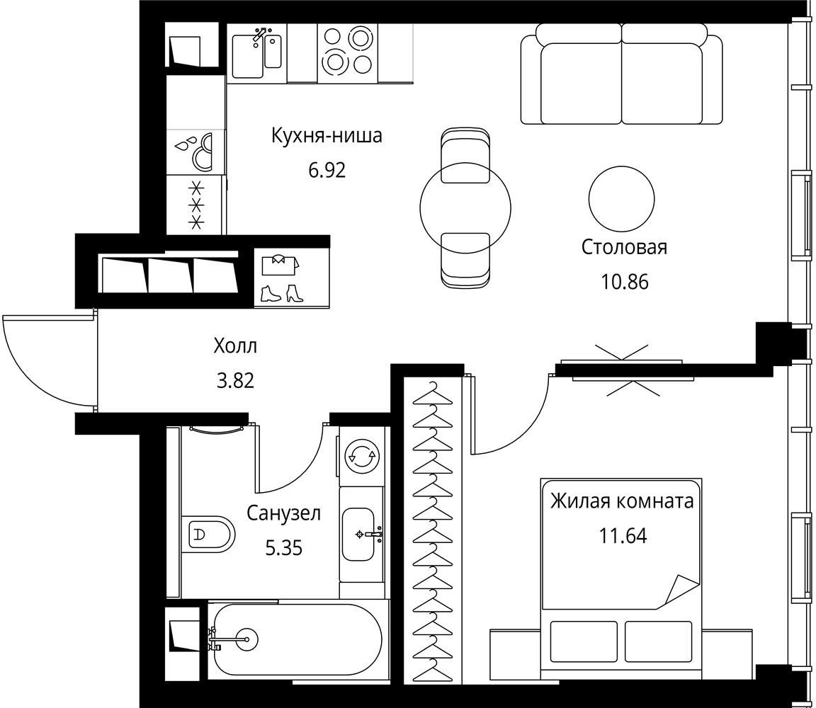 1-комнатная квартира с частичной отделкой, 38.59 м2, 43 этаж, сдача 3 квартал 2026 г., ЖК City Bay, корпус North Ocean 8 - объявление 2332237 - фото №1